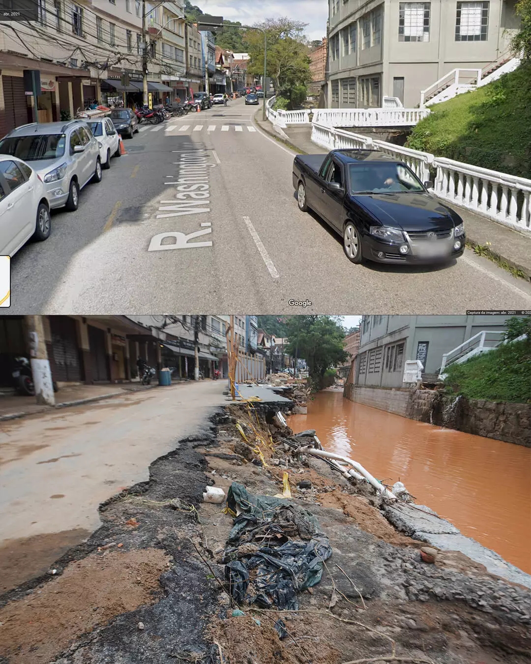 Rua Washington Luiz antes e depois das chuvas